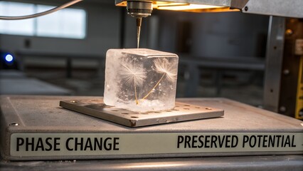 Dandelion seeds preserved potential in a clear ice cube slowly melting
