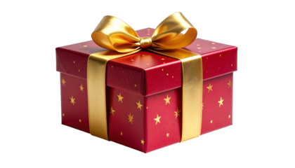 A red gift box with gold ribbon and bow, decorated with gold stars