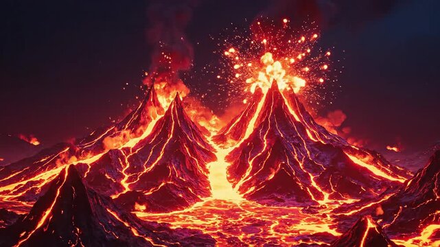 Fiery volcanoes erupt against a dark sky, lava flowing below