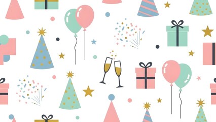 Festive seamless pattern with balloons gifts champagne and confetti for celebrations