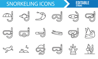 Clean outline snorkeling equipment illustrations for travel and water-sport graphics