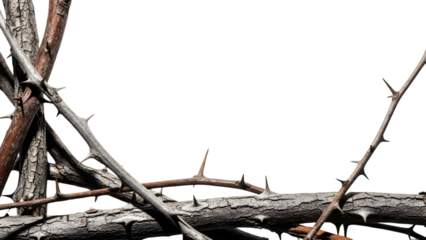 Dry thorny branches arranged into an edgy artistic corner frame, sharp high-detail bark, white background
