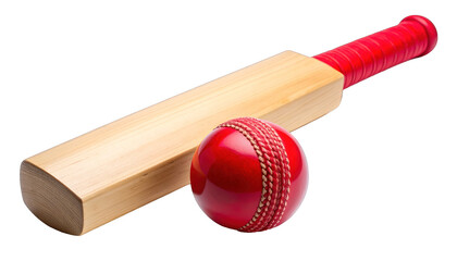 A cricket bat with red grip lies next to a bright red cricket ball