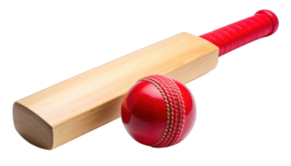 A cricket bat with red grip lies next to a bright red cricket ball