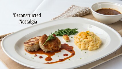 A gourmet dish of meat patties with sauce and cheesy macaroni also deconstructed nostalgia word