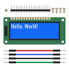 LCD screen with Hello World message. Electronics module kit with display and wiring components. Vector illustration for electronics tutorials, microcontroller projects, educational content