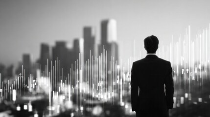 Visionary Outlook: A silhouette of a determined professional stands with his back facing the viewer, gazing upon a cityscape adorned with digital graphs representing data.
