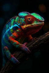 Obraz premium A vibrant chameleon perched on a branch displays its colorful scales and unique eye.