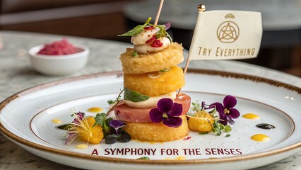A vertically stacked gourmet appetizer dish with edible flowers also a symphony for the sense text