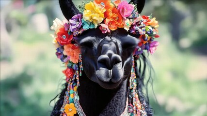 Traditional Andean festival adornment on llama. Vibrant colors and intricate jewelry indicate cultural significance.