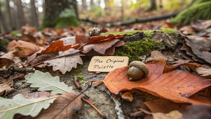 An acorn and the original palette note on a bed of colorful autumn leaves