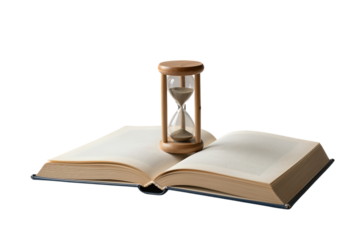 Wooden hourglass resting on an open book