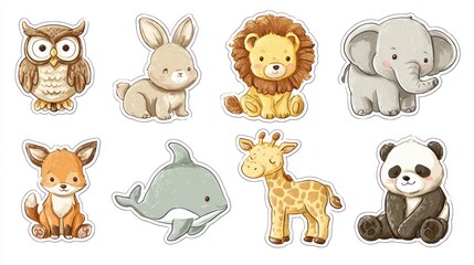 Fototapeta premium Cartoon animals owl, rabbit, lion, elephant, fox, dolphin, giraffe, panda sitting