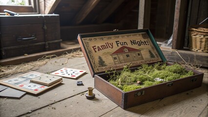An old forgotten family fun night board game box is overgrown with moss in an attic