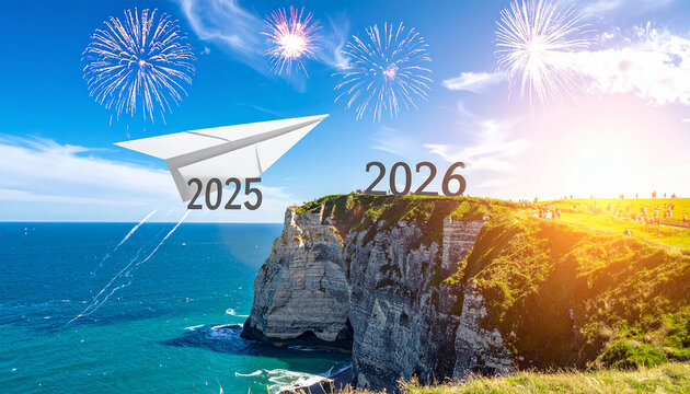 2025 written on sandy beach with ocean waves fireworks and sunrise sky happy new year
