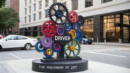 Colorful kinetic sculpture of interlocking gears on a city sidewalk with driver the machinery of joy word