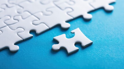 Incomplete puzzle white pieces on blue, one separate piece, incomplete solution