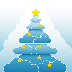 A whimsical Christmas tree made of blue clouds and adorned with yellow stars, set against a cloudy sky.