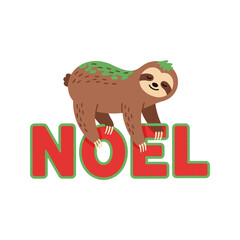 A cute cartoon sloth with green leaves on its back, smiling and hanging onto the red letters "NOEL" with a green outline, on a white background.