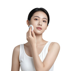 Fototapeta premium Young Asian woman applying makeup with a sponge