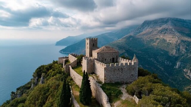 An impressive ancient fortress, constructed from weathered stone, stands majestically atop a rugged coastal cliff. Its battlements and towering keep command a breathtaking panoramic view of the vast, 