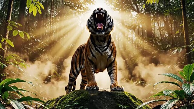 A powerful tiger standing on a rock in a forest with its mouth open in a roar, surrounded by greenery and sun rays shining through trees with a warm and intense mood.