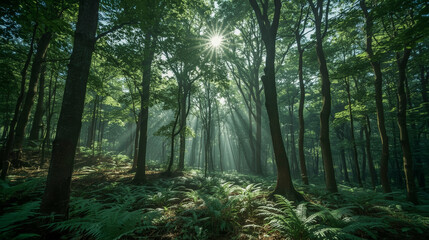 Fototapeta premium A lush, green forest, with sunlight filters through its dense canopy