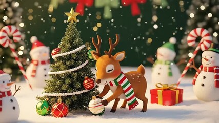 A charming cartoon reindeer in a striped scarf decorates a small Christmas tree amidst falling snow, surrounded by cheerful snowmen and festive candy canes. - Powered by Adobe
