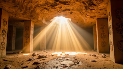 Merkaba and ancient esoteric sacred symbols carved on stone pillars in an ancient cave