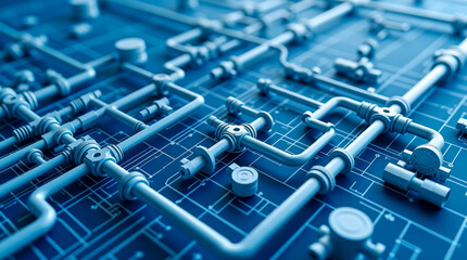 A complex pipe system over a blueprint, plumbing design concept
