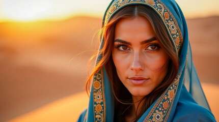 Portrait of a beautiful Arab woman in a desert landscape during sunset