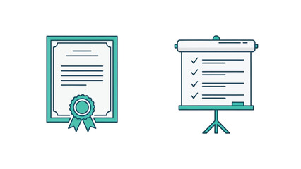 Vector illustration of Certificate and presentation board icons representing achievement and planning flat vector design elements for business and education isolate