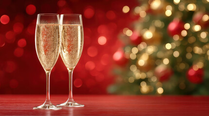 Two champagne glass clinking with bubbly in front of decorated Christmas tree, festive warm bokeh glow