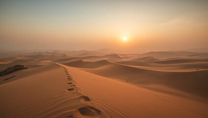Cinematic landscape of a vast Arabian desert at dawn