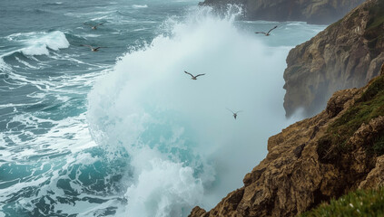 Stormy seas. Massive waves crashing against a jagged cliff.