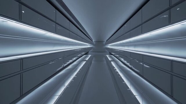 Futuristic hallway ambiance featuring sleek metallic walls and surfaces, modern minimalistic design, immersive cool lighting.