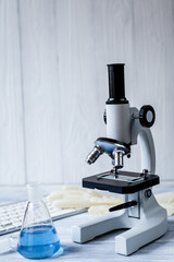 beaker with liquid on background microscope in a scientific laboratory
