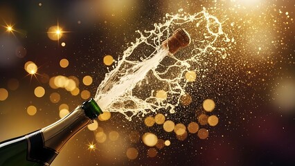 Popping Champagne Bottle with Golden Bubbles, New Year&rsquo;s Eve Celebration 2026, Festive Party Concept