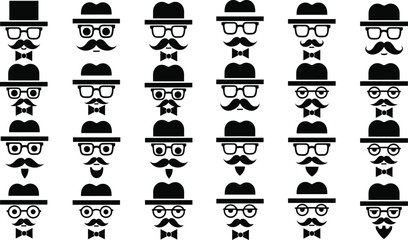 Collection of retro hipster avatar icons featuring mustaches, hats, glasses, and bow ties in minimalist black silhouette style for branding and design