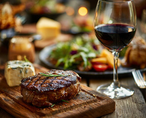 Juicy grilled steak garnished with rosemary on wooden board paired with glass of rich red wine and assorted gourmet sides in warm ambient setting