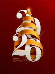 Happy New Year greetings.  Christmas tree made of red ribbon with white numbers 2026. Festive realistic illustration.