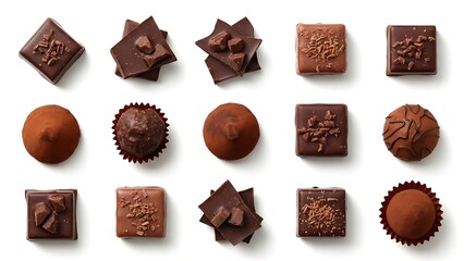 Assortment of gourmet dark chocolates and truffles arranged on a white background