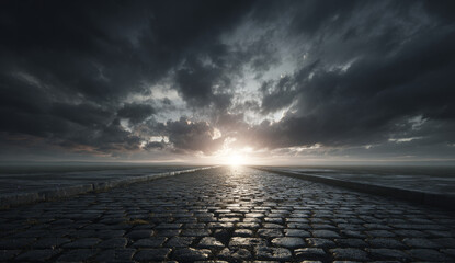 Long wet cobblestone road stretching toward a bright horizon under dramatic dark stormy clouds in cinematic style