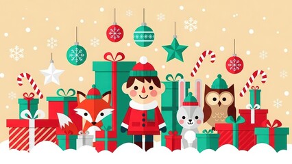 Adorable Pixel Art Christmas Scene with Elf, Fox, Rabbit, Owl, and Piles of Gifts, Surrounded by Festive Ornaments