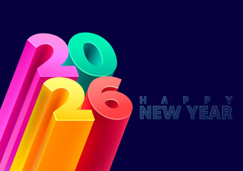 Happy New Year 2026. 3D color numbers on dark background with glass text. Holiday colorful lettering design.  Greeting card design.
