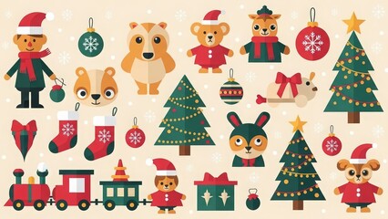 Fototapeta premium Collection of Pixel Art Christmas Elements Featuring Characters, Train, Decorated Trees, and Holiday Decorations