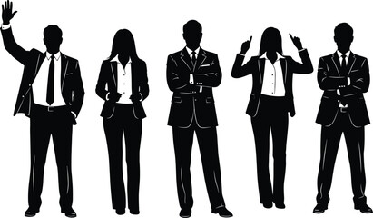 Business silhouette, professional posture, corporate gesture, leadership concept, office attire, standing figures, black vector, flat design, team diversity, executive style