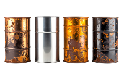 Four metal drums displaying oxidation and varying colors, isolated on a black background
