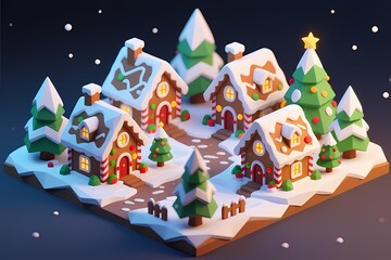 Low Poly Isometric Gingerbread Village Christmas 3D Render.