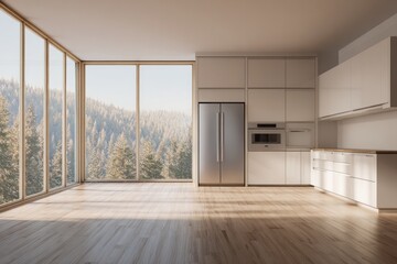 Fototapeta premium Modern kitchen with expansive window showcasing a snowy forest view.